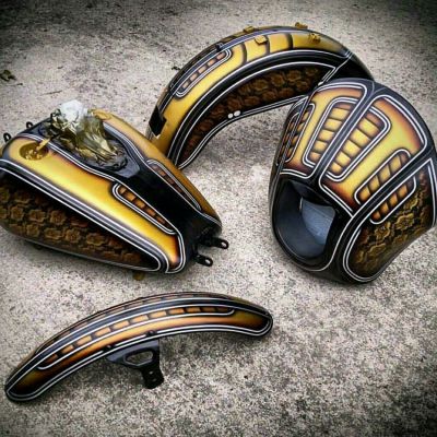 Riders DNA custom paints; airbrush, metalflake, pinstripe