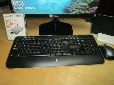 Lenovo T430 with dock, monitor, USB keyboard, external drive.