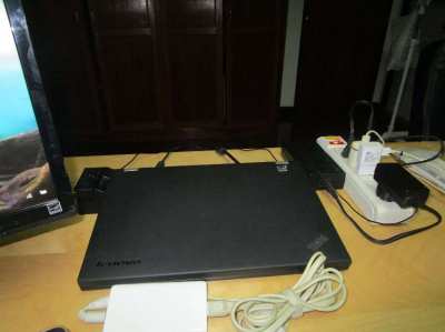 Lenovo T430 with dock, monitor, USB keyboard, external drive.