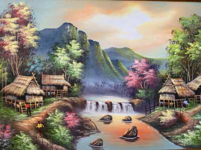 Thai style painting, hand painted 58cm x82cm Wooden frame 