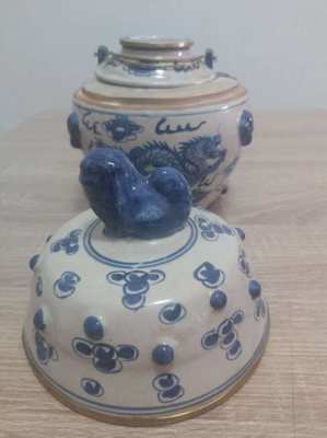 Chinese blue and white teapot warmer and teapot enclosed