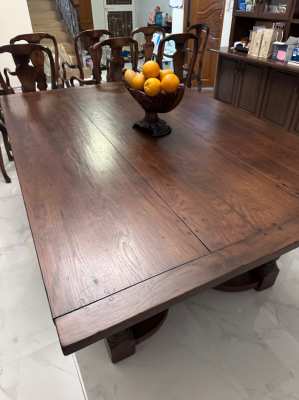Very large, very old unique English oak table plus 12 chairs