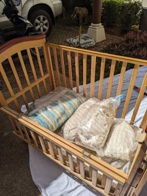 Baby Cot, wooden in very good condition complete with bedding