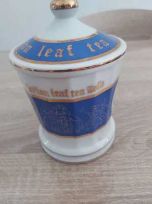 Rare and collectable Ceylon leaf tea gold lidded jar 