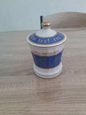 Rare and collectable Ceylon leaf tea gold lidded jar 