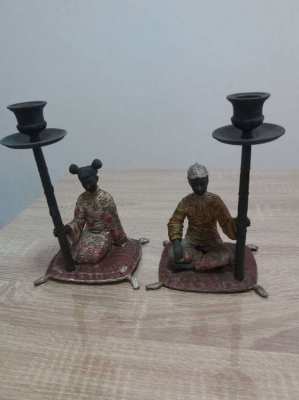 Lovely pair of chinese cold painted bronze candle holders