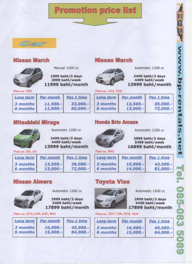 Cheap Cars For Rent Pattaya start from 400 baht/day