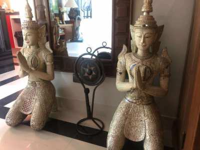 Two Thai Angle statues massive wood H:92cm x W:32cm x D:36cm