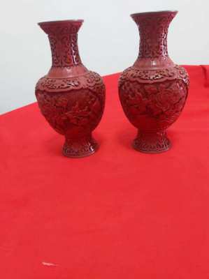Pair of chinese cinnibar laquer vases 8.5