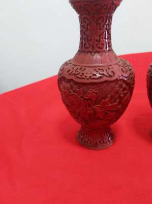 Pair of chinese cinnibar laquer vases 8.5