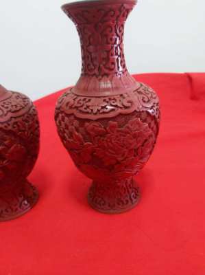 Pair of chinese cinnibar laquer vases 8.5