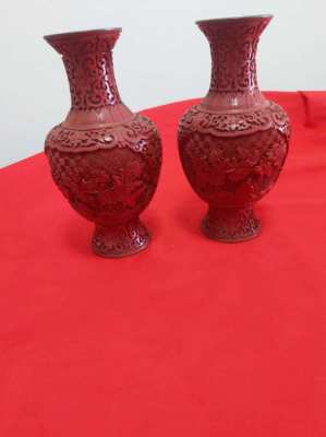 Pair of chinese cinnibar laquer vases 8.5