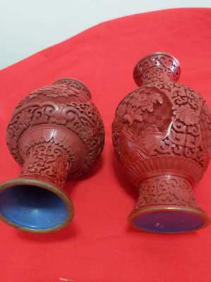 Pair of chinese cinnibar laquer vases 8.5