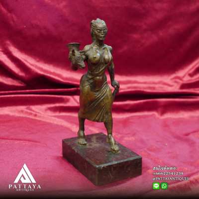 Antique Bronze statue of Lady holding a rams head cup