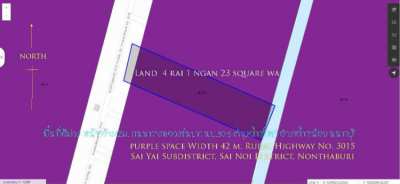 Land for sale 4 rai 1 ngan 23 square wah Purple area, width 42 m. 